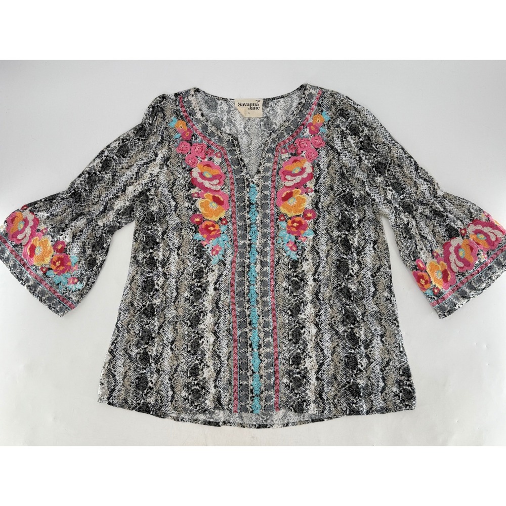 Savanna Jane Snakeskin Print Embroidered Floral Bell Sleeve‎ Blouse Sz L Boho
